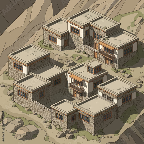 Isometric View of Ancient Stone Settlement nestled in a Rocky Mountain Region