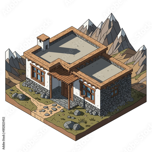 Isometric village house with mountains, tranquility in cartoon illustration
