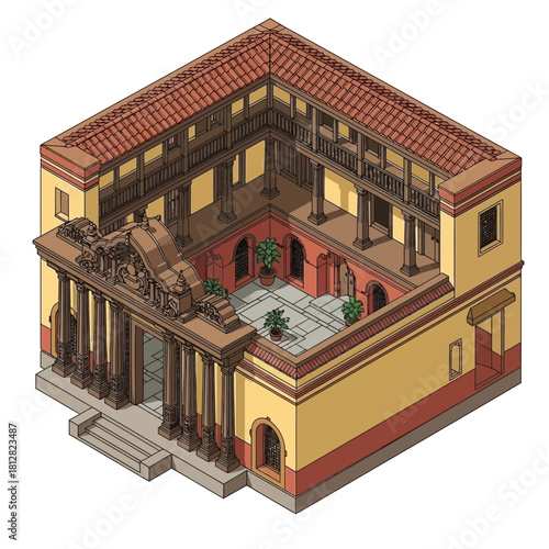 Isometric visualization of a colonial-style courtyard building with colonnades
