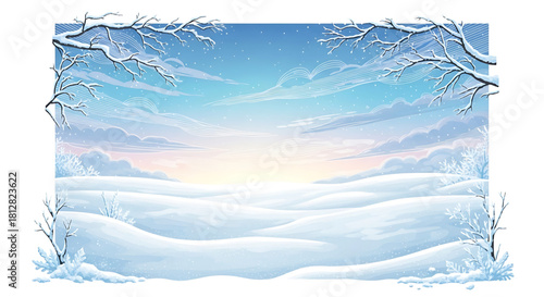 Serene winter landscape illustration with snow-covered hills and trees.