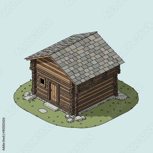 Stylized Log Cabin Illustration Set on a Grassy Knoll on Pastel Background