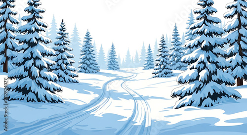 Serene winter wonderland scene featuring snow covered evergreen trees and tracks.