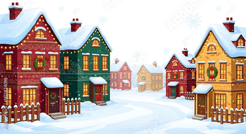 Charming Winter Village Illustration with Festive Houses and Snowy Landscape