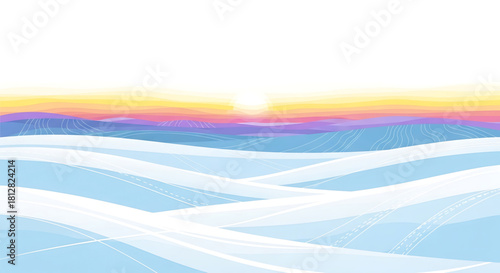 Abstract landscape with rolling hills and vibrant sunset hues.