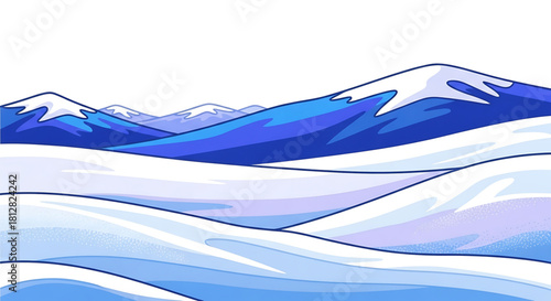 Serene winter landscape features snow capped mountains and rolling hills.