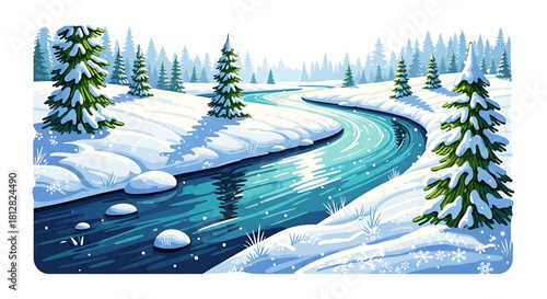 Serene winter landscape featuring a winding river and snow-covered trees.