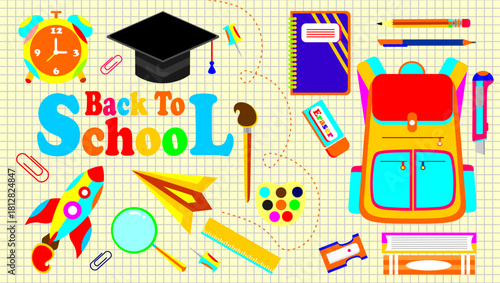 Back to school banner. Library themed set elements. School stationery stickers. Set of education elements. Collection of education school icons. Back to school clipart. Paper notebook background.