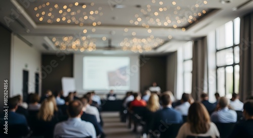 Blurred conference hall with attentive audience listening to a business presentation, modern interior.