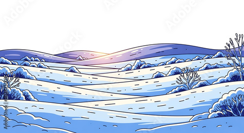 Snowy winter landscape with hills and bare trees illustration