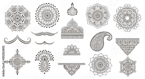 Intricate traditional mehndi henna design for Indian weddings and celebrations. Elegant floral, Paisley, and detailed geometric patterns. Premium vector art
