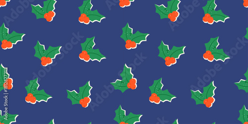 Festive cut out pattern with holly leaves and berries on dark background. Cozy winter texture perfect for Christmas and New Year themes, warm seasonal mood and simple holiday charm.