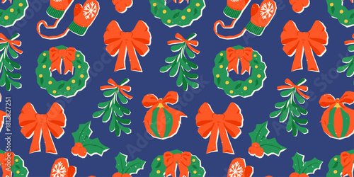 Christmas pattern featuring wreaths, holly, mistletoe, bows, ornaments and mittens, all created in a cozy cut out style. Festive layered shapes on a deep blue background for a warm holiday feel.