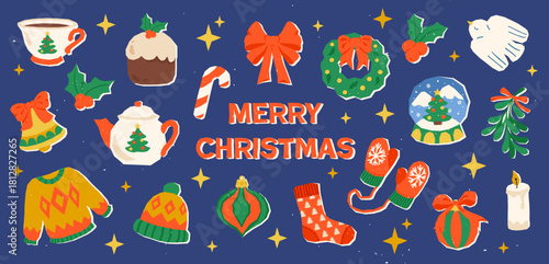 Festive cut out illustration with Christmas sweets, warm drinks, holly, wreaths, bows and winter accessories. Cozy holiday vibe perfect for Christmas and New Year themes, drawn in playful textured sty