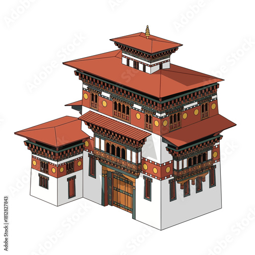 Illustrated architectural design of traditional Bhutanese Dzong fortress building