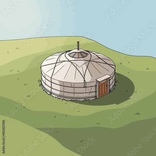 Illustration of a Traditional Yurt on a Grassy Hillside under a Blue Sky