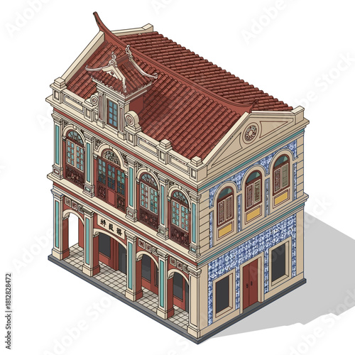 Isometric illustration of a vintage peranakan shophouse architectural style