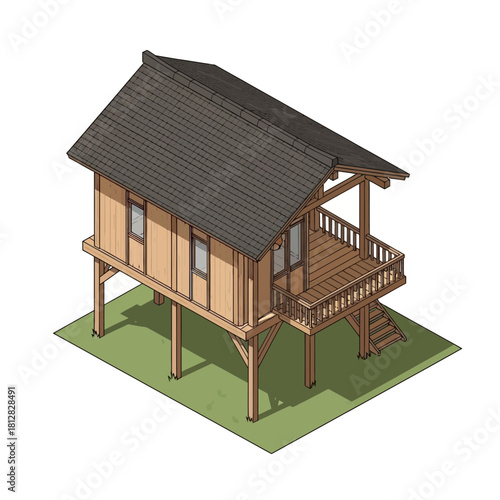 Isometric Illustration of a Wooden Stilt House with a Balcony and Steps