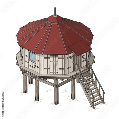 Isometric Illustration of a Wooden Stilt House with Unique Architectural Design
