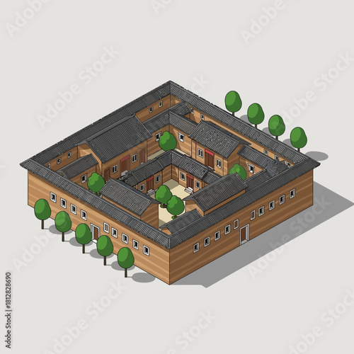 Isometric representation of a traditional chinese courtyard residence complex