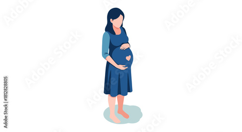Isometric pregnant woman in blue dress with heart motif on her belly