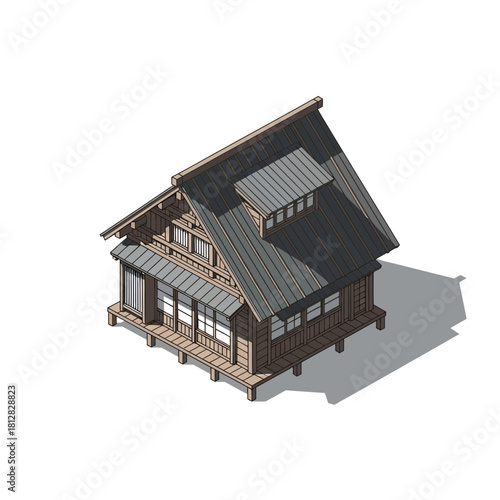 Isometric vector of wooden traditional Japanese house on stilts with shadow