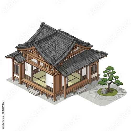 Isometric Vector Illustration of a Traditional Japanese House and Garden