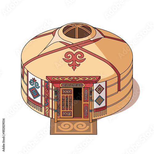 Stylized isometric illustration of a traditional nomadic yurt dwelling