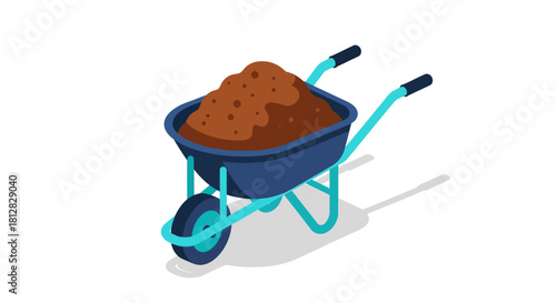 Isometric gardening wheelbarrow filled with soil for landscaping proje