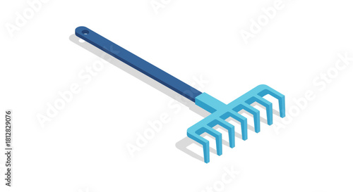 Isometric blue garden rake on white background for gardening tools des