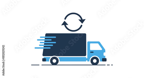 Fast delivery concept with blue truck and refresh symbol in flat style
