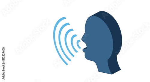 Isometric blue head silhouette with voice waves communication concept
