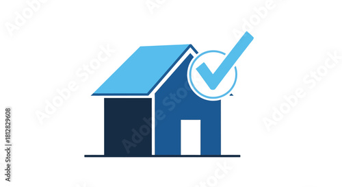 Blue house icon with check mark for real estate approval and home insp