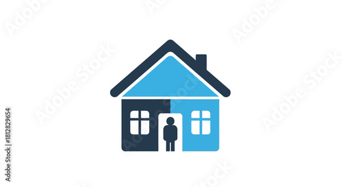 Minimalist blue and black house icon with person silhouette inside for