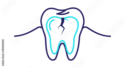 Cracked tooth icon in modern outline style with blue accents