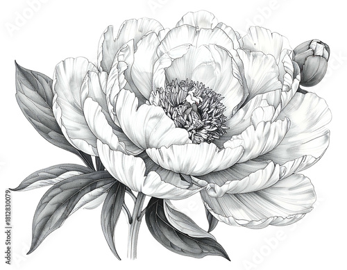 Detailed monochrome sketch of a lush bloom