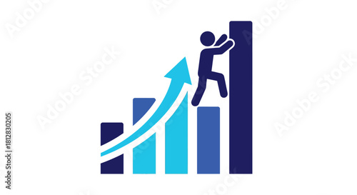 Success concept with figure climbing bar graph and upward arrow
