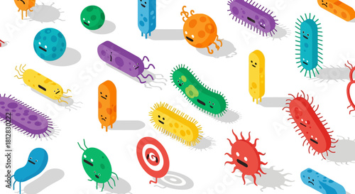 Colorful isometric bacteria and viruses with funny faces on white back