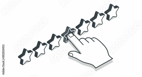 Customer review rating system with hand pointing at stars in 3d style
