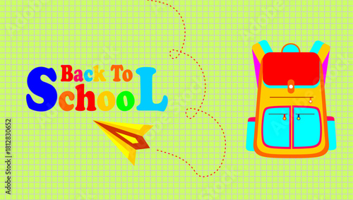 Back to school banner. Colorful back to school background. Vector illustration of back to school theme. Back to school concept with paper plane and dotted line with bag illustration.