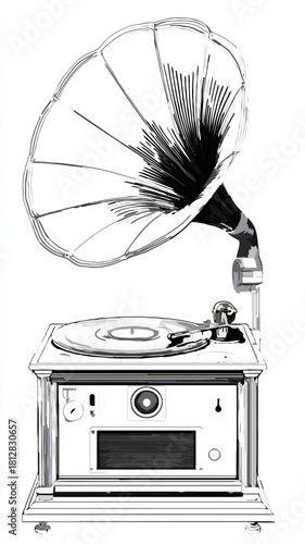 Abstract Turntable Playing a Vinyl Record, Black and White

