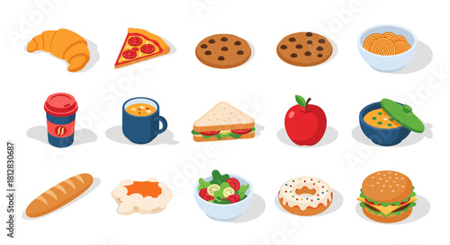 Isometric food collection featuring breakfast and snacks on a white ba