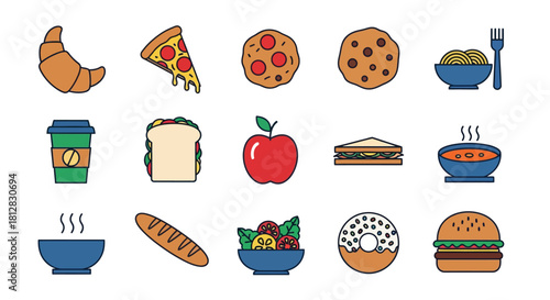 Colorful flat icons of popular foods and dishes for culinary design pr