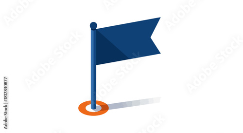 Minimalist isometric blue flag with shadow on white background