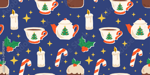 Festive cut out pattern with Christmas tea cups, teapots, candles, candy canes, holly and pudding. Cozy holiday illustration perfect for Christmas and New Year themes, inspired by warm winter vibes.
