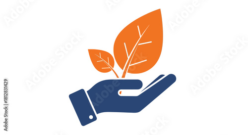 Sustainable growth icon with hand holding leaves in modern flat design