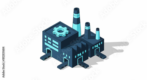 Modern industrial factory with isometric design and geometric elements