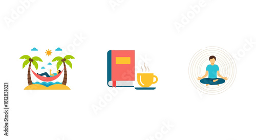 Relaxation activities: beach escape, cozy reading, and mindful meditat