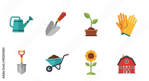 Garden tools and elements: flat design icons for horticulture and farm