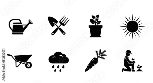 Silhouette garden tools and icons for planting and growth concepts