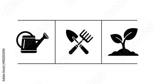 Gardening essentials: watering can, tools, and plant growing icon set